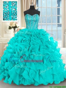 Adorable Sweetheart Sleeveless Brush Train Lace Up Vestidos de Quinceanera Aqua Blue Organza