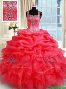 Straps Sleeveless Organza Sweet 16 Quinceanera Dress Beading and Ruffles and Pick Ups Zipper