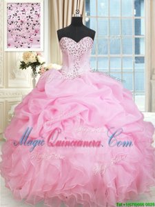Rose Pink Lace Up Sweetheart Beading and Ruffles and Pick Ups 15 Quinceanera Dress Organza Sleeveless