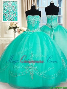 Sleeveless Floor Length Beading and Appliques Lace Up Quinceanera Dress with Turquoise
