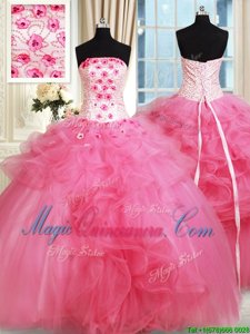 Hot Selling Hot Pink Tulle Lace Up Strapless Sleeveless Floor Length Quince Ball Gowns Beading and Appliques and Ruffles