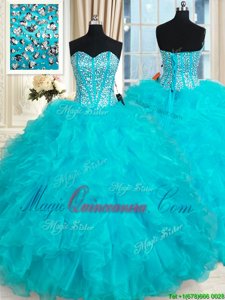 Excellent Ball Gowns Sweet 16 Quinceanera Dress Aqua Blue Sweetheart Organza Sleeveless Floor Length Lace Up