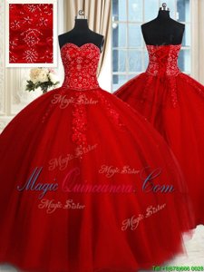Perfect Red Lace Up Sweetheart Beading and Appliques Quinceanera Gowns Tulle Sleeveless