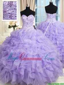 Sweet Lavender Ball Gown Prom Dress Military Ball and Sweet 16 and Quinceanera and For with Beading and Ruffles Sweetheart Sleeveless Lace Up
