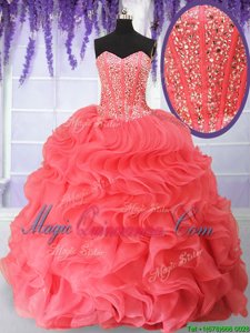 Watermelon Red Organza Lace Up Sweet 16 Dresses Sleeveless Floor Length Beading and Ruffles