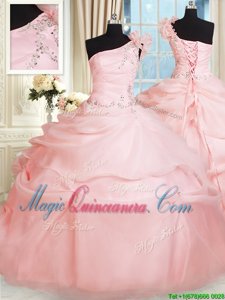 One Shoulder Sleeveless Lace Up Floor Length Beading and Hand Made Flower Vestidos de Quinceanera