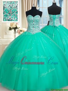 Sophisticated Turquoise Sleeveless Tulle Lace Up Quinceanera Gowns for Military Ball and Sweet 16 and Quinceanera