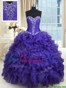 Beauteous Sweetheart Sleeveless 15th Birthday Dress Floor Length Beading and Ruffles Purple Organza