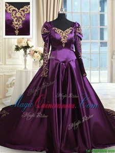 Beauteous Off the Shoulder Dark Purple Long Sleeves Taffeta Chapel Train Zipper Vestidos de Quinceanera for Military Ball and Sweet 16 and Quinceanera