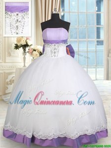 Exceptional White And Purple Taffeta and Tulle Lace Up Strapless Sleeveless Floor Length Sweet 16 Dresses Beading and Lace and Bowknot