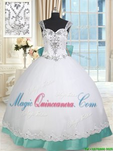 Ball Gowns Quince Ball Gowns White and Green Straps Taffeta and Tulle Sleeveless Floor Length Lace Up