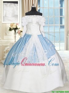 Clearance Off the Shoulder Lace and Bowknot Ball Gown Prom Dress Blue And White Lace Up Long Sleeves Floor Length