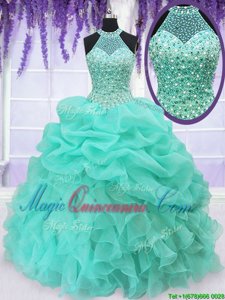 Aqua Blue Lace Up Halter Top Beading and Ruffles and Pick Ups Quince Ball Gowns Organza Sleeveless