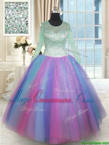 Latest Scoop Beading Quinceanera Gown Multi-color Lace Up Long Sleeves Floor Length