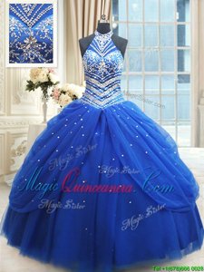 High Class Halter Top Sleeveless Tulle Floor Length Lace Up Quinceanera Gown in Royal Blue for with Beading and Pick Ups