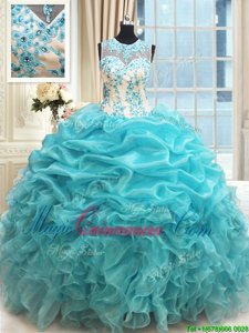 Aqua Blue Scoop Zipper Appliques and Ruffles and Pick Ups Sweet 16 Dresses Sleeveless
