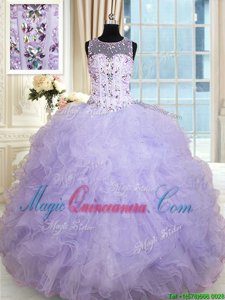 Scoop Lavender Tulle Lace Up Quinceanera Dresses Sleeveless Floor Length Beading and Ruffles