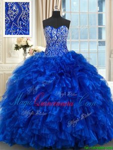 Royal Blue Ball Gowns Sweetheart Sleeveless Organza With Brush Train Lace Up Beading and Ruffles Sweet 16 Dresses