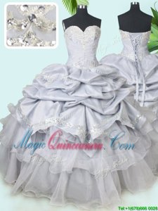 Grey Organza and Taffeta Lace Up Quinceanera Dress Sleeveless Floor Length Beading and Sequins and Pick Ups