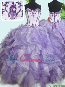 Sweetheart Sleeveless Quince Ball Gowns Floor Length Beading and Ruffles White And Purple Organza