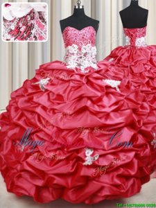 Trendy Sleeveless With Train Beading and Appliques and Sequins and Pick Ups Lace Up Sweet 16 Dress with Coral Red Brush Train