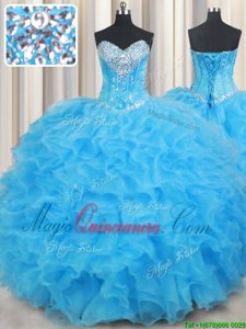 Attractive Floor Length Lace Up Vestidos de Quinceanera Baby Blue and In for Military Ball and Sweet 16 and Quinceanera with Beading and Ruffled Layers