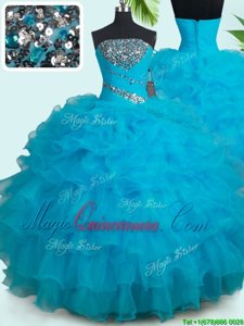 Strapless Sleeveless Zipper Quinceanera Gowns Baby Blue Organza