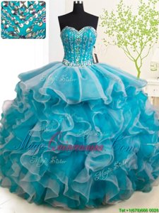 Trendy Sleeveless Brush Train Lace Up With Train Beading and Ruffles Quinceanera Gown