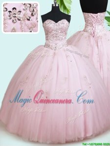 Enchanting Floor Length Lace Up Quinceanera Gowns Baby Pink and In for Military Ball and Sweet 16 and Quinceanera with Beading