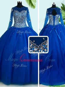 Beauteous Royal Blue Lace Up Scoop Beading Vestidos de Quinceanera Tulle Long Sleeves Brush Train