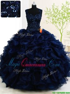 Straps Straps Organza Sleeveless Floor Length Ball Gown Prom Dress and Beading and Ruffles