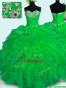 Green Organza Lace Up Quinceanera Gowns Sleeveless Floor Length Beading and Ruffles