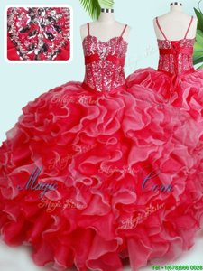 Elegant Red Sleeveless Organza Lace Up 15th Birthday Dress for Military Ball and Sweet 16 and Quinceanera