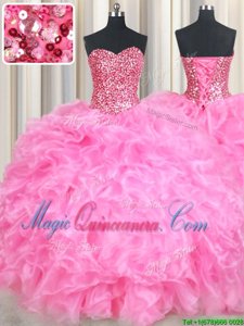 Graceful Rose Pink Organza Lace Up Quince Ball Gowns Sleeveless Floor Length Beading and Ruffles and Sequins