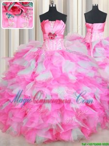 Artistic Ball Gowns Sweet 16 Quinceanera Dress Pink And White Strapless Organza and Tulle Sleeveless Floor Length Lace Up