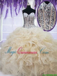 Chic Ball Gowns Sweet 16 Dress Champagne Sweetheart Organza Sleeveless Floor Length Lace Up