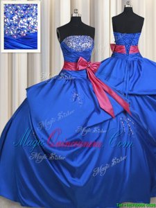 Adorable Taffeta Strapless Sleeveless Lace Up Beading and Bowknot Sweet 16 Dresses in Blue