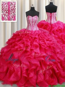 With Train Coral Red Sweet 16 Dress Sweetheart Sleeveless Brush Train Lace Up