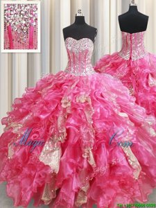 Colorful Organza Sweetheart Sleeveless Lace Up Beading and Ruffles and Sequins Sweet 16 Dress in Hot Pink