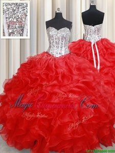 Floor Length Lace Up Quinceanera Dress Red and In for Military Ball and Sweet 16 and Quinceanera with Beading and Ruffles