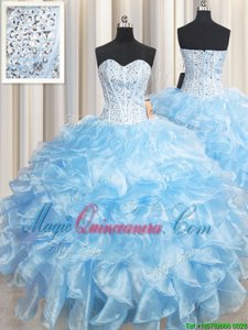 Light Blue Sleeveless Floor Length Beading and Ruffles Lace Up 15 Quinceanera Dress