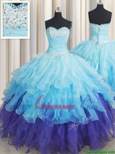 Sweetheart Sleeveless Organza Quince Ball Gowns Beading and Ruffles Lace Up