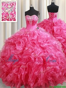 Glittering Hot Pink Lace Up Quince Ball Gowns Beading and Ruffles Sleeveless With Brush Train