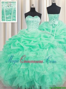 Low Price Sleeveless Floor Length Beading and Ruffles and Pick Ups Lace Up Quince Ball Gowns with Apple Green