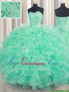 Popular Beading and Ruffles 15th Birthday Dress Turquoise Lace Up Sleeveless Floor Length