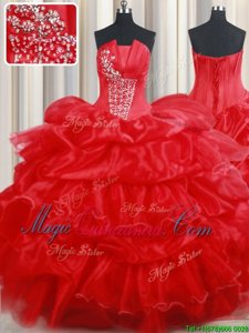 Pick Ups Floor Length Red Sweet 16 Dress Strapless Sleeveless Lace Up