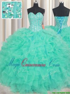 Sleeveless Organza Floor Length Lace Up Sweet 16 Quinceanera Dress in Turquoise for with Beading and Ruffles