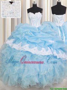 Beautiful Pick Ups Ball Gowns Quince Ball Gowns Light Blue Sweetheart Organza Sleeveless Floor Length Lace Up