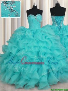 Aqua Blue Sleeveless Organza Lace Up Sweet 16 Quinceanera Dress for Military Ball and Sweet 16 and Quinceanera