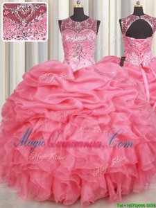 Chic Watermelon Red Organza Lace Up Scoop Sleeveless Floor Length Quinceanera Gowns Beading and Ruffles and Pick Ups